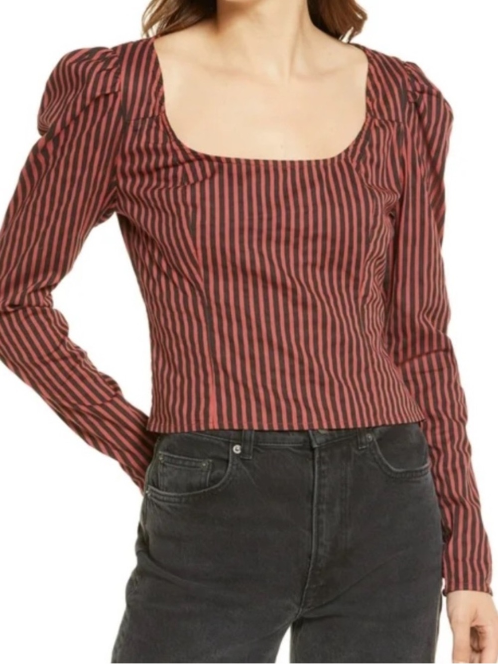 Free People Burgundy and Black Striped Square-Neck Blouse size SP